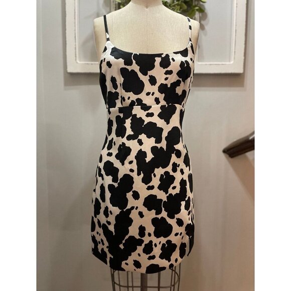 Black and White Cow Print Satin Mini Dress S NWT Festival Cowgirl Western - Picture 2 of 5